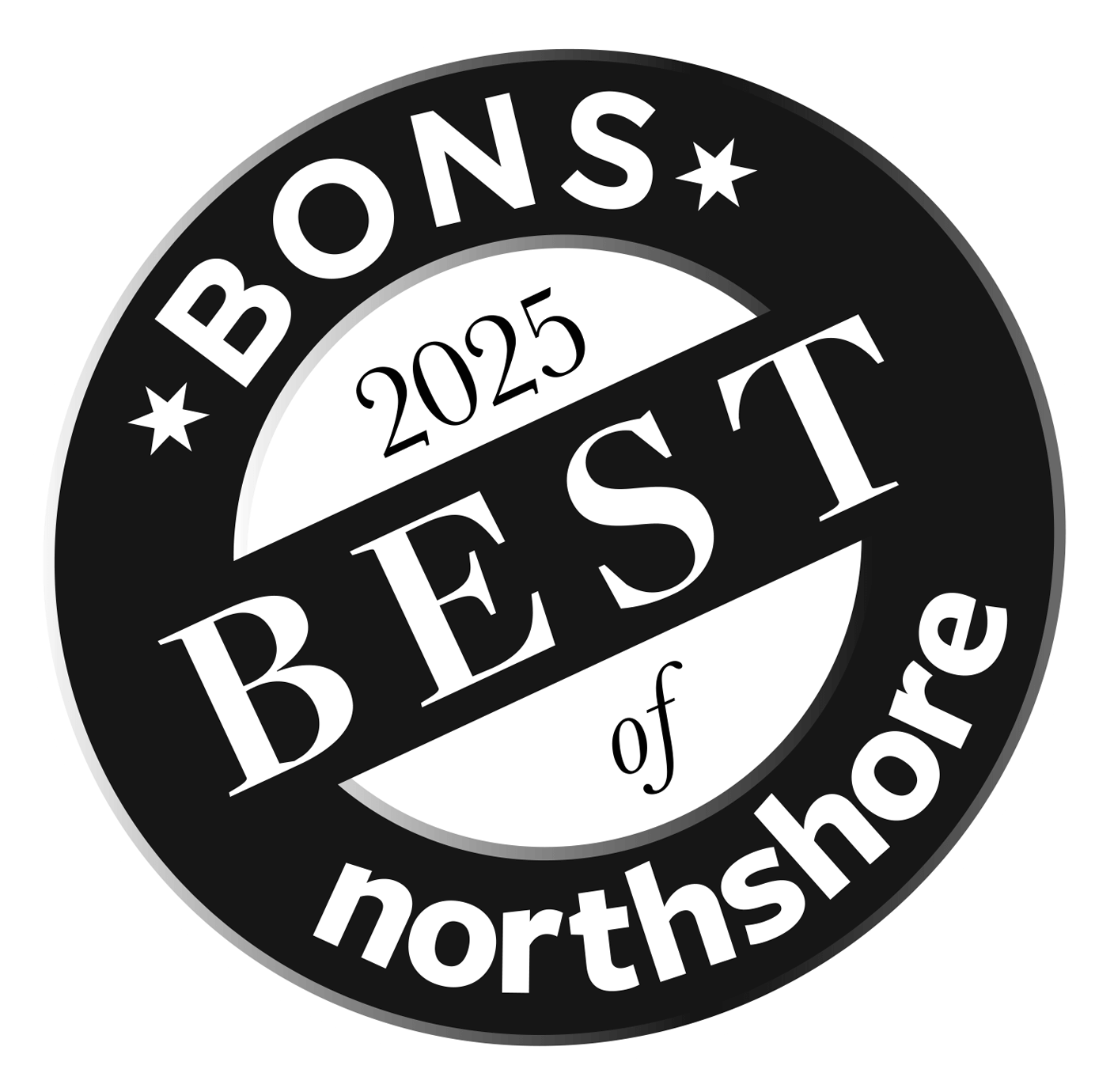 Black and white circular badge with the text "BONS Best of Northshore 2025" in bold letters.