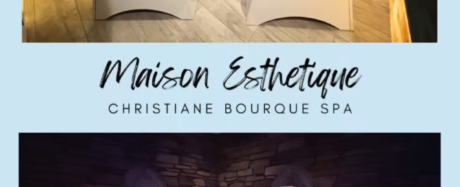 Two modern spa lounge chairs in a stone-walled room with illuminated bases, shown with different colored lighting. Text reads: "Maison Esthetique Christiane Bourque Spa.