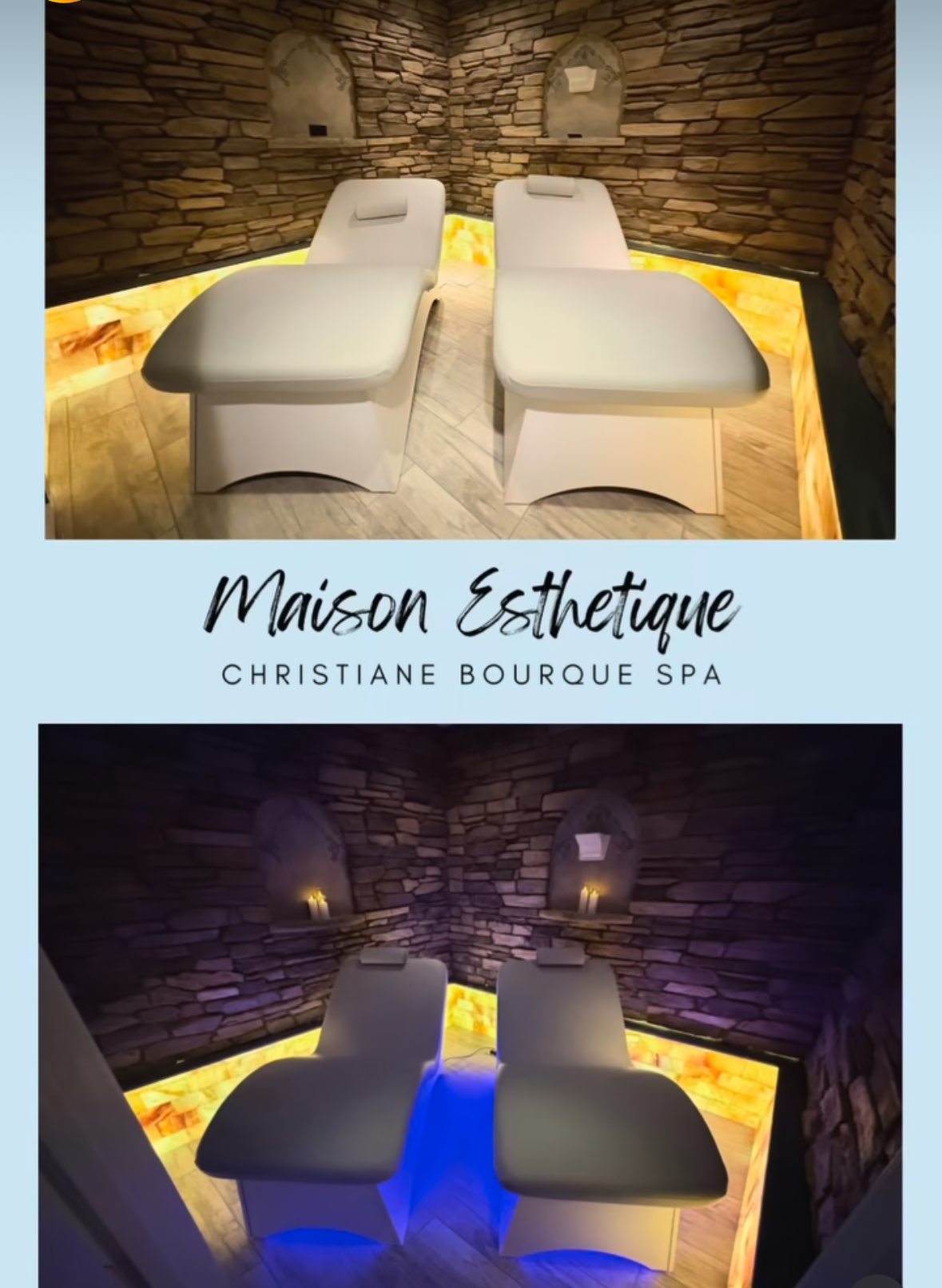 Two modern spa lounge chairs in a stone-walled room with illuminated bases, shown with different colored lighting. Text reads: "Maison Esthetique Christiane Bourque Spa.
